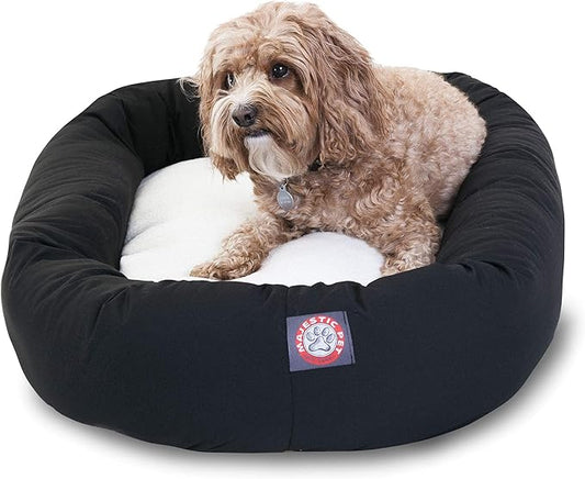 Majestic Pet 32 Inch Poly-Cotton Sherpa Calming Dog Bed Washable 32x18x8 (inch)  Cozy Soft Round Donut Dog Bed with Spine for Head Support - Pet Bed Medium - Black