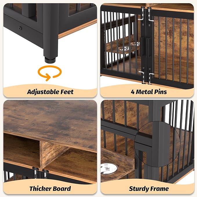 Dog Crate Furniture, Large Dog Cage with 2 Open Storage Shelves, 41 Inch Dog Kennel with Adjustable Raised Feeders, Indoor Heavy Duty Metal End Table Dog Crate for Large/Medium Dogs