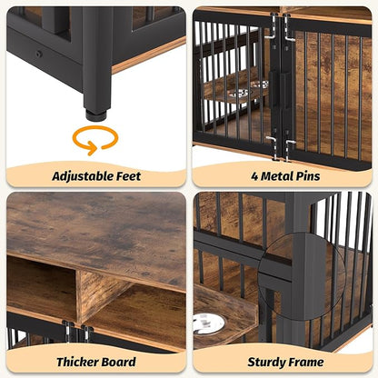 IDEALHOUSE Dog Crate Furniture, Large Dog Cage for Medium Dogs, 41 Inch Dog Kennel with Adjustable Raised Feeders, Indoor Heavy Duty Metal End Table Dog Crate with 2 Open Storage Shelves