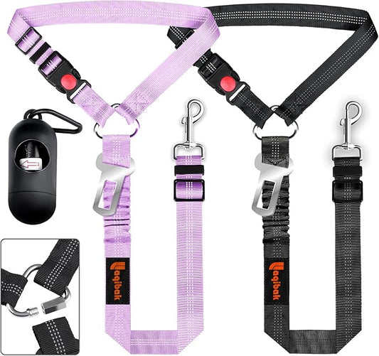 Removable Dog Seat Belts Harness for Car, 3 in 1 Pet Dog Car Seatbelt Leash, laqibak Restraint Secures to Headrest and Reflective Effect Adjustable Bungee Dog Seatbelt Tether, 2PCS and Poop Bag Holder