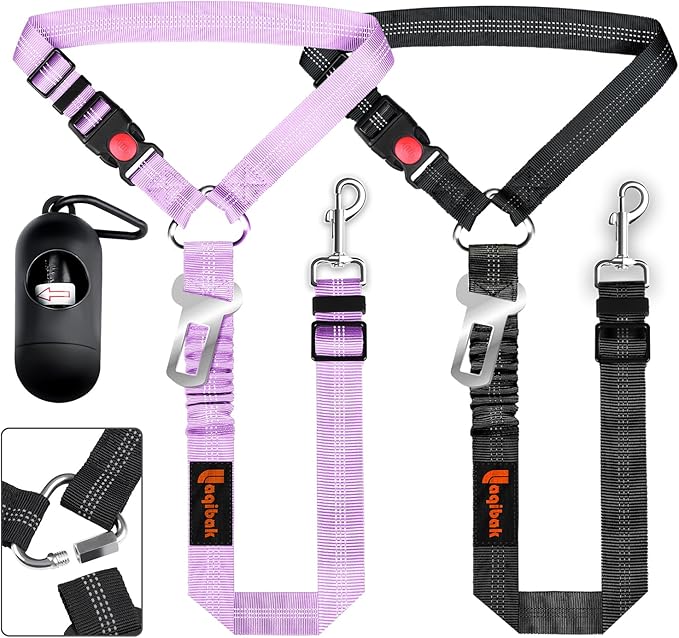 Removable Dog Seat Belts Harness for Car, 3 in 1 Pet Dog Car Seatbelt Leash, laqibak Restraint Secures to Headrest and Reflective Effect Adjustable Bungee Dog Seatbelt Tether, 2PCS and Poop Bag Holder