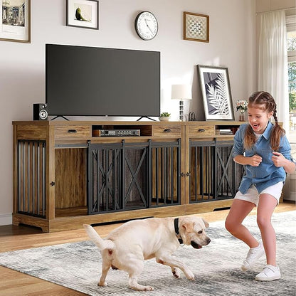 DWVO 63 Inch Double Dog Crate Furniture for 2 Dogs, Heavy Duty Wooden Dog Crate TV Stand with Charging Station, Dog Kennel Indoor Furniture Double Sliding Barn Door Design Ideal for 2 Dogs, Oak