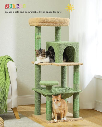 Cactus Cat Tree for Indoor Cats, 45.7" Multi-Level Cat Tower with Large Metal Frame Hammock, Cat Condo with 4 Scratching Posts and Top Perch, Green