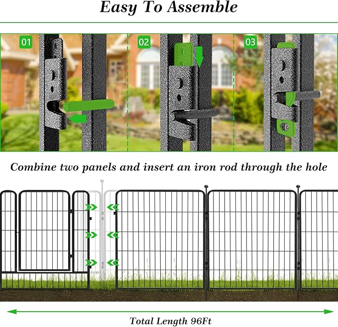 Decorative Garden Fence with Gate, 32in x96ft 42 Panels Metal Fence Panels Heavy Duty Dog Fencing Outdoor Fences for Yard, Rustproof Garden Fencing Flower Bed Edging for Patio Decor