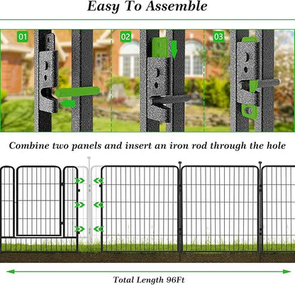 Decorative Garden Fence with Gate, 32in x96ft 42 Panels Metal Fence Panels Heavy Duty Dog Fencing Outdoor Fences for Yard, Rustproof Garden Fencing Flower Bed Edging for Patio Decor
