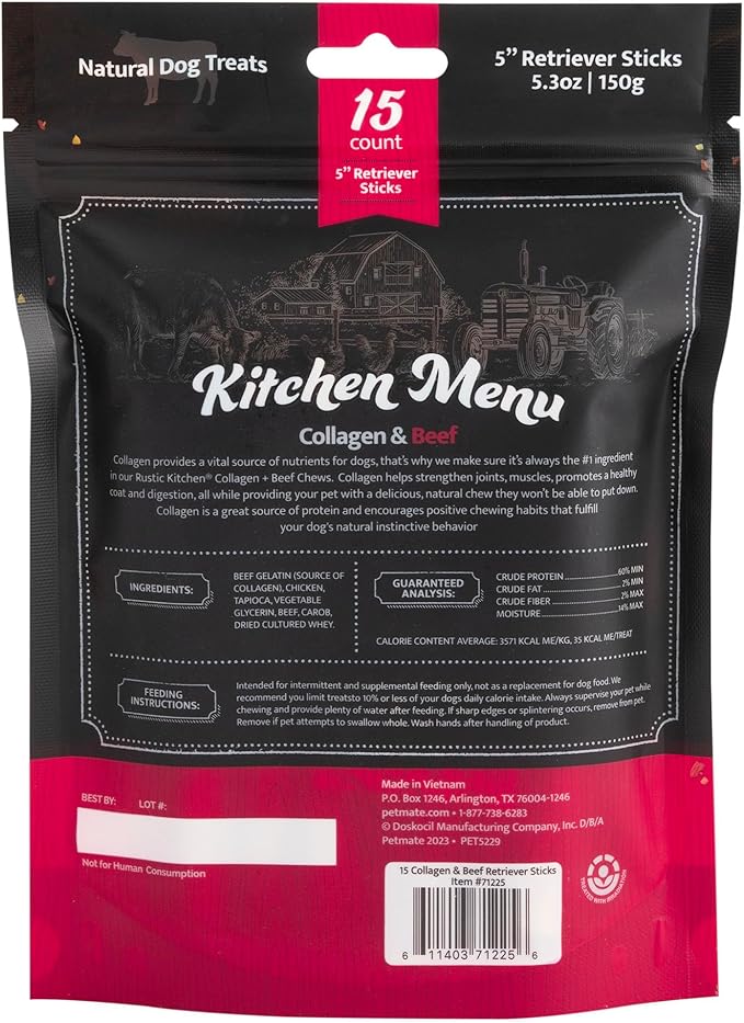 Real Beef Collagen Sticks for Dogs, Dog Chews Long Lasting, Rawhide Free - 15 Pack High Protein Chew Dog Treats for Small, Medium, and Large Dogs