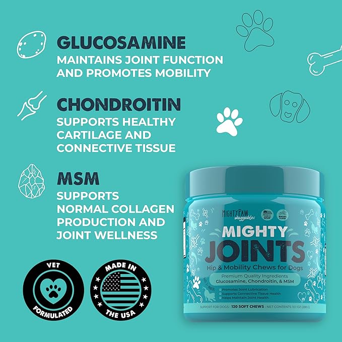 Mighty Paw Waggables Joint Support Supplement for Dogs (Made in USA) | Glucosamine for Dogs Hip and Joint Supplement. Vet Formulated Pet Mobility, Chondriotin & MSM Pet Chews (120 Ct)