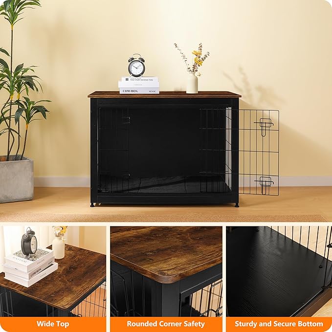 DWANTON Dog Crate Furniture with Cushion, Wooden Kennel Table with Double Doors, Indoor Dog House, Large Size, 38.5" L, Black+Rustic Brown