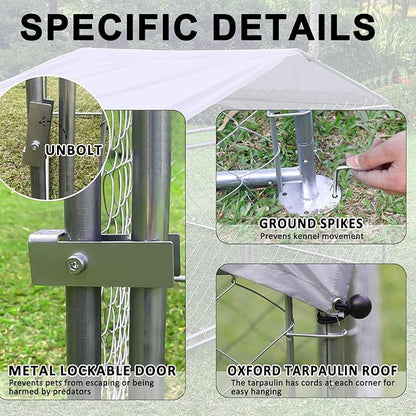 6.6 x 6.6FT Large Outdoor Dog Kennel, Anti-Rust Dog Kennel Outside with Roof, Heavy Duty Chain Link Dog Runs Cage for Outside Backy ard with Waterproof UV-Resistant Cover