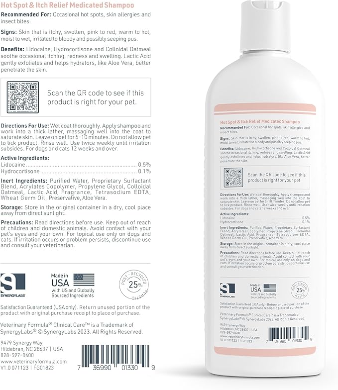 Veterinary Formula Clinical Care Hot Spot & Itch Relief Medicated Shampoo for Dogs and Cats 16 Fl Oz  Helps Alleviate Sensitive Skin, Scratching, and Licking of Coat (2 Pack)