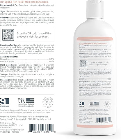 Veterinary Formula Clinical Care Hot Spot & Itch Relief Medicated Shampoo for Dogs and Cats 16 Fl Oz  Helps Alleviate Sensitive Skin, Scratching, and Licking of Coat (2 Pack)