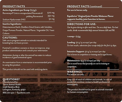 Equithrive Original Joint Supplement Powder with Resveratrol and Hyaluronic Acid for Horses, Equine Care, Molasses Flavor, 2 lbs