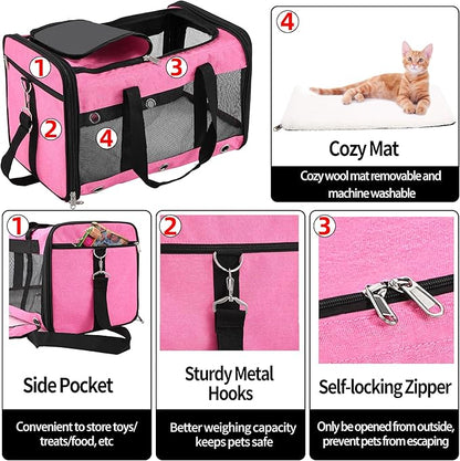 Soft Sided Cat/Dog Carrier,Collapsible Pets Travel Carriers for Pet/Puppy with Shoulder Strap & Removable Mat,Mesh Top Load Small Dogs/Cats Carry Bag Up to 17 Lbs TSA Airline Approved（Pink,M）