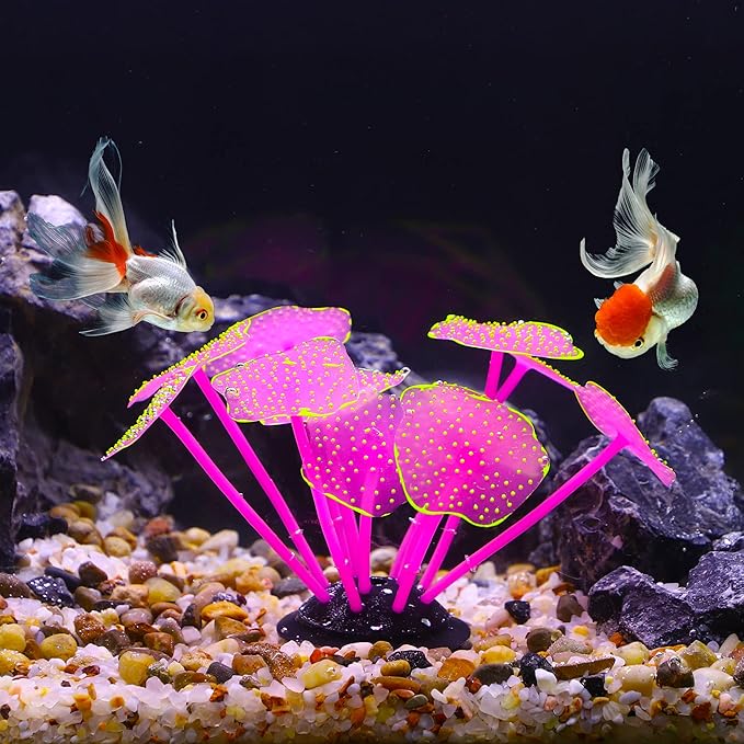VOCOSTE Soft Silicone Glowing Aquarium Mushroom Coral, Fluorescence Aquatic Artificial Coral for Fish Tank Decoration, Pink