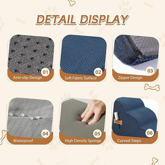 Romrol Dog Stairs Ramp for Beds Couches, Extra Wide Pet Steps with Durable Non-Slip Waterproof Fabric Cover, Pets Slope Stairs, 3-Tiers,Dusty Blue