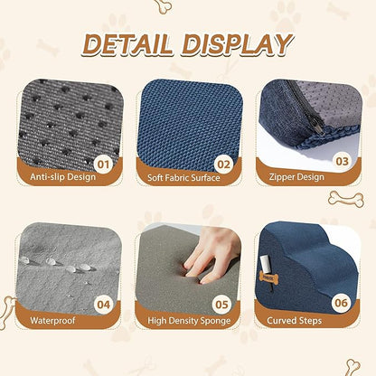 Romrol Dog Stairs Ramp for Beds Couches, Extra Wide Pet Steps with Durable Non-Slip Waterproof Fabric Cover, Pets Slope Stairs, 3-Tiers,Dusty Blue