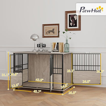 PawHut 46" Dog Crate Furniture End Table, Wooden Dog Kennel Indoor Pet House with 3 Doors, for Small to Large Dogs