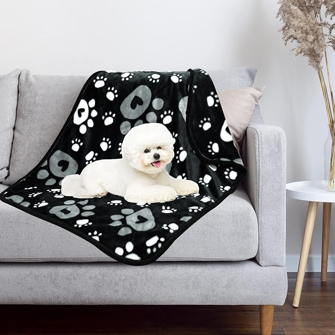 Dog Blanket, Soft Fleece Dog Blankets for Small Medium Dogs, Fluffy Flannel Pet Cat Puppy Blanket Mat Cover for Bed Couch, Cute Paw Print Throw Blanket for Dogs, Black 40"X30"