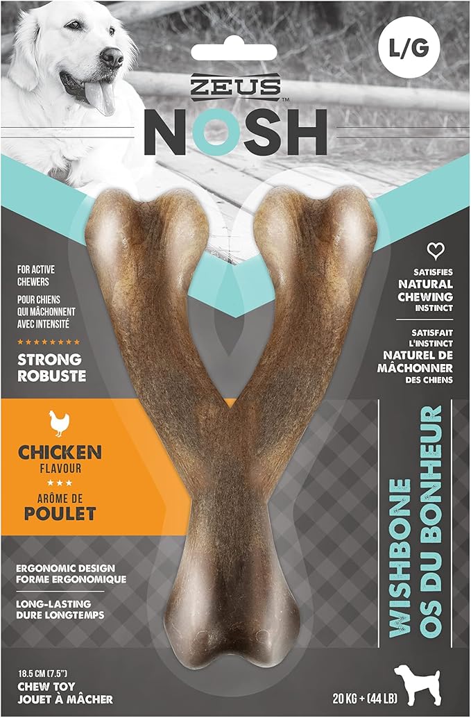 ZEUS Nosh Strong Dog Chew Bones, Dog Chew Toys for Aggressive Chewers, Long Lasting Chicken Flavor, Large Wishbone, Brown (96442)