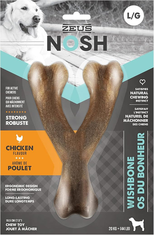 ZEUS Nosh Strong Dog Chew Bones, Dog Chew Toys for Aggressive Chewers, Long Lasting Chicken Flavor, Large Wishbone, Brown (96442)