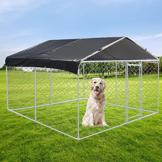 Large Outdoor Dog Kennel 9.8 x 9.8FT, Heavy Duty Outdoor Fence Dog Run, Dog Enclosure with Waterproof UV-Resistant Roof for Backyard Farm ESWE3029