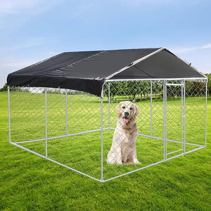 Large Outdoor Dog Kennel 9.8 x 9.8FT, Heavy Duty Outdoor Fence Dog Run, Dog Enclosure with Waterproof UV-Resistant Roof for Backyard Farm ESWE3029