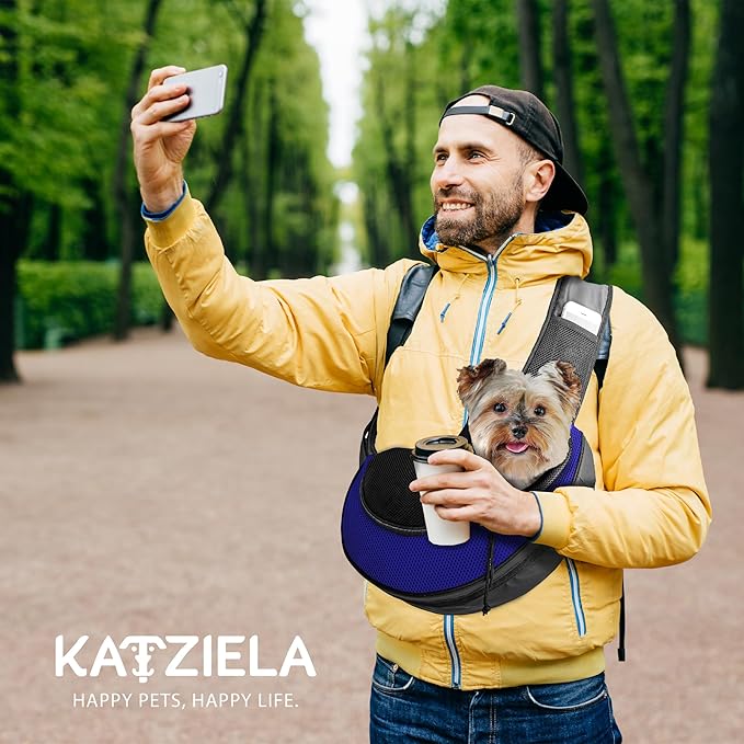 Expandable Pet Carrier Sling Bag - Small Dog, Puppy and Cat Carrier Front Shoulder Backpack w/Harness Strap - Carrying Pouch for ESA, Animal Travel - PU Leather Bottom, Mesh Pocket by Katziela (Blue)