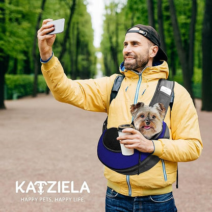 Expandable Pet Carrier Sling Bag - Small Dog, Puppy and Cat Carrier Front Shoulder Backpack w/Harness Strap - Carrying Pouch for ESA, Animal Travel - PU Leather Bottom, Mesh Pocket by Katziela (Blue)