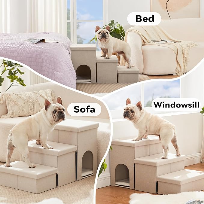 Love's cabin Dog Stairs for Small Medium or Large Dogs with Storage and Condo,Foldable Dog Steps for Bed or Couch,3-Step Gray Folding Cat Dog Ramp with Zip up to 210 lbs,Beige