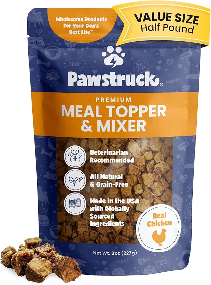 Pawstruck Vet Recommended Air Dried Dog Food Toppers for Picky Eaters - Made in USA with Real Chicken - Premium All Natural Meal Mix-in Kibble Seasoning Enhancer - 8 oz - Packaging May Vary