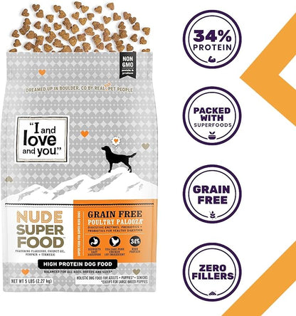 I and love and you Nude Super Food Dry Dog Food - Turkey + Chicken - Prebiotic + Probiotic, Grain Free, Real Meat, No Fillers, 23lb Bag