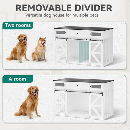 YITAHOME 60" Wooden Dog Crate Furniture with Removable Divider, Large Dog Kennel with Drawers, Double Doors & Locks Design, Dog Crate Furniture TV Stand for Medium Large Dogs