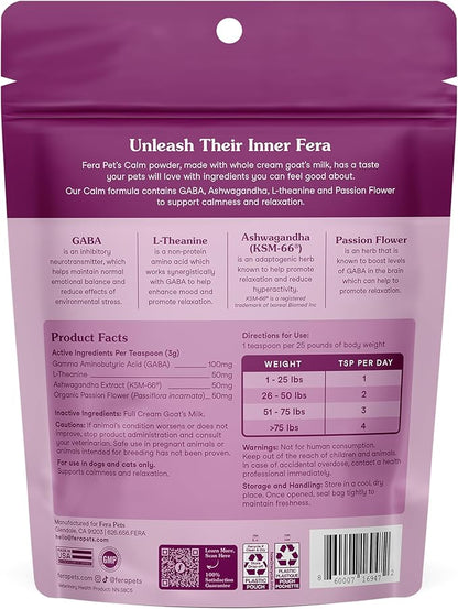 Fera Pets Goat Milk - Calming Supplement for Dogs & Cats - Ashwagandha, L-Theanine, & Passion Flower - Supports Anxiety Relief & Relaxation - for Picky Eaters - 60 TSP