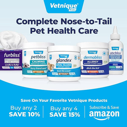 Vetnique Labs Furbliss Hygienic Pet Wipes for Dogs & Cats, Cleansing Grooming & Deodorizing Hypoallergenic Thick Wipes with All Natural Deoplex Deodorizer (Unscented, 100ct Pouch)