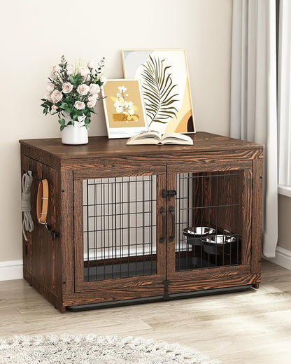 Piskyet Wooden Dog Crate Furniture with 360°Rotatable Removable Dog Bowls, Dog Crate End Table with Tray, Double Doors Dog Kennels for Dogs(L:37.7" L*25.1" W*26.1" H, Rustic Brown)