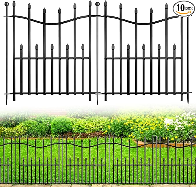 10 Panels No Dig Decorative Garden Fence, 24in(H)_22ft(L) Heavy-Duty Rustproof Metal Panels, Outdoor Dog Barrier for Yard & Patio, Landscape, Border| Portable Temporary Fencing