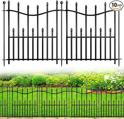 10 Panels No Dig Decorative Garden Fence, 24in(H)_22ft(L) Heavy-Duty Rustproof Metal Panels, Outdoor Dog Barrier for Yard & Patio, Landscape, Border| Portable Temporary Fencing