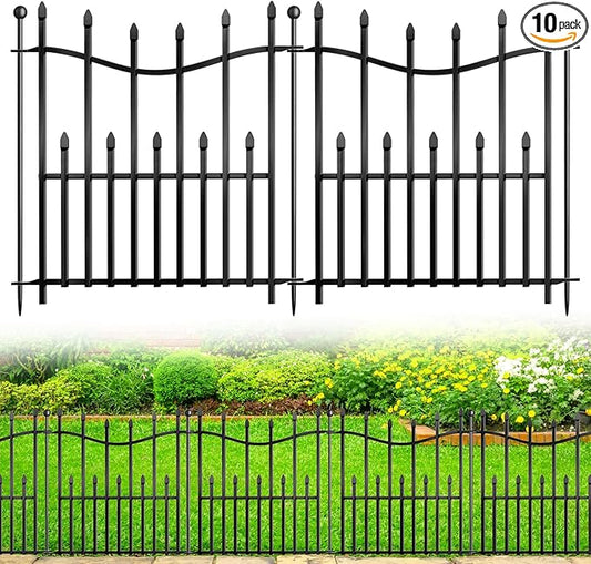 10 Panels No Dig Decorative Garden Fence, 24in(H)_22ft(L) Heavy-Duty Rustproof Metal Panels, Outdoor Dog Barrier for Yard & Patio, Landscape, Border| Portable Temporary Fencing