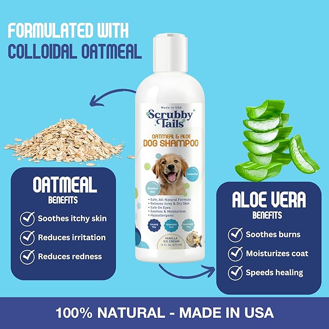 Organic Dog Shampoo - Puppy Oatmeal Shampoo for Itchy Skin Relief - Hypoallergenic for Sensitive Skin, for Dogs of All Ages, Deodorizes, Tearless, Made in USA, 16oz (Vanilla Ice Cream)