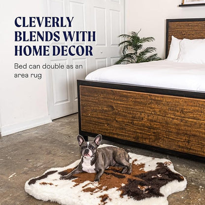 PupRug Orthopedic Dog Bed for Large Dogs with Fluffy Soft Faux Fur and Memory Foam for Joint Pain Relief, Machine Washable and Waterproof Couch Bed, Brown Cowhide, Medium