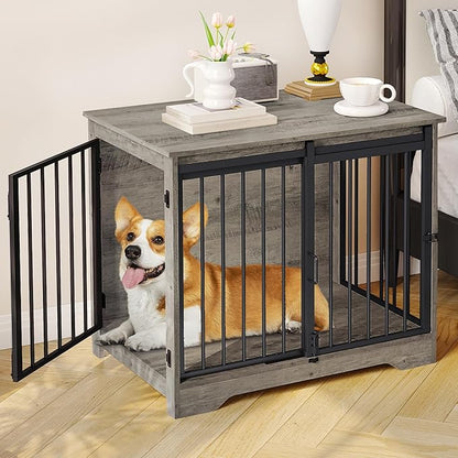 Dog Crate Furniture, 32" Double Door Dog Crate with Barn Door, Dog Kennel Indoor, End Side Table Wooden Dog Crates for Small Medium Large Dogs, Anti-Chew Anti-Escape, Greige DFC83605B