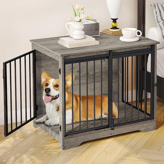 Dog Crate Furniture, 32" Double Door Dog Crate with Barn Door, Dog Kennel Indoor, End Side Table Wooden Dog Crates for Small Medium Large Dogs, Anti-Chew Anti-Escape, Greige DFC83605B