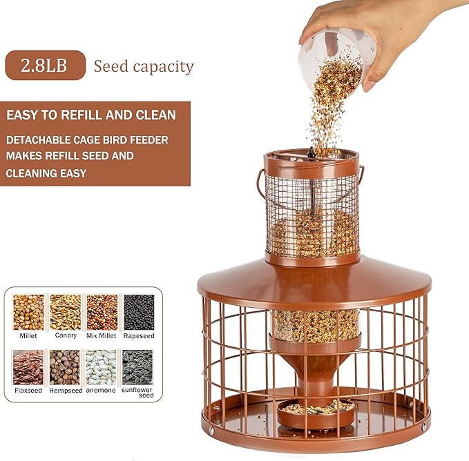 Caged Bird Feeders Squirrel-Proof, Metal, 2.8 Lbs Capacity-Cage Tube Seed Feeders with Tray Outdoor Hanging, Attract Birds,Detachable Cleaning, Starling Proof Wild Bird Feeder（Brown）