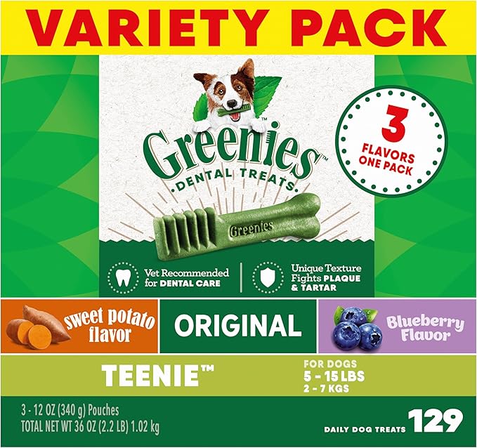 Greenies Teenie Dental Dog Treats 3-Flavor Variety Pack, (3) 12 oz. Pouches, 129 Total Treats