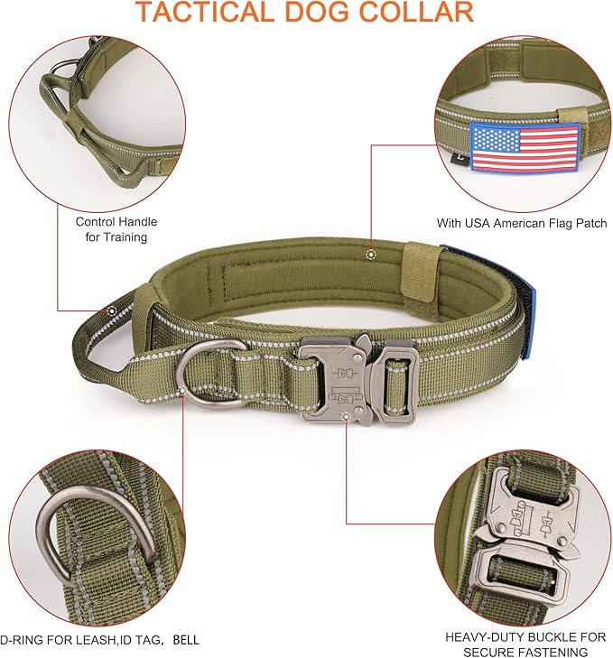 KCUCOP Tactical Dog Collar, Heavy Duty Dog Collar with Handle and Metal Buckle, Military Thick Dog Collars for Medium and Large Dogs(Green-Reflective Set-M, 1 Patch)