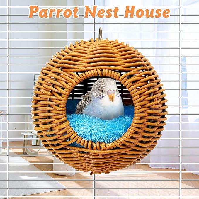BNOSDM Rattan Bird Nest Parrot Nesting House Parakeet Nesting Soft Lovebird Warm Bed Sleeping for Parrots Bird Cage Accessories for Cockatiels Budgerigars Finches Canaries (Single-Hole Style)