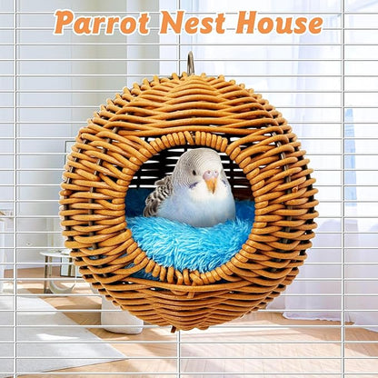 BNOSDM Rattan Bird Nest Parrot Nesting House Parakeet Nesting Soft Lovebird Warm Bed Sleeping for Parrots Bird Cage Accessories for Cockatiels Budgerigars Finches Canaries (Single-Hole Style)