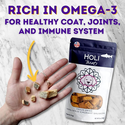 HOLI Freeze Dried Salmon Dog Treats - with Omega 3 and 6 Fish Oil - All Natural Dog Treats - Human Grade - Wild Caught Salmon - Made in USA - Grain Free - Diabetic Friendly