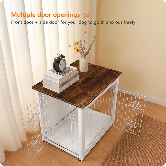 DWANTON Dog Crate Furniture with Cushion, Wooden Dog Crate with Double Doors, Dog Furniture, Dog Kennel Indoor for Small Dogï¼_nd Table, 27.2" L, White+Rustic Brown