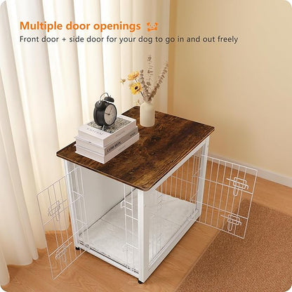 DWANTON Dog Crate Furniture with Cushion, Wooden Dog Crate with Double Doors, Dog Furniture, Dog Kennel Indoor for Small Dogï¼_nd Table, 27.2" L, White+Rustic Brown